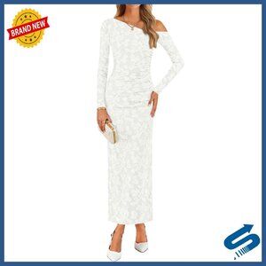 Floral Off Shoulder Bodycon Maxi Dress Long Sleeve Ruched Cocktail Party